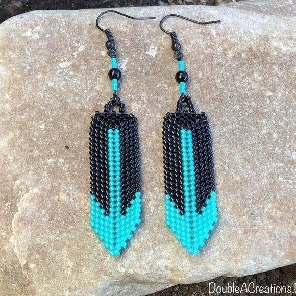 Turquoise and Black Beaded Feather Earrings, New, Handmade by Me - Picture 2 of 6